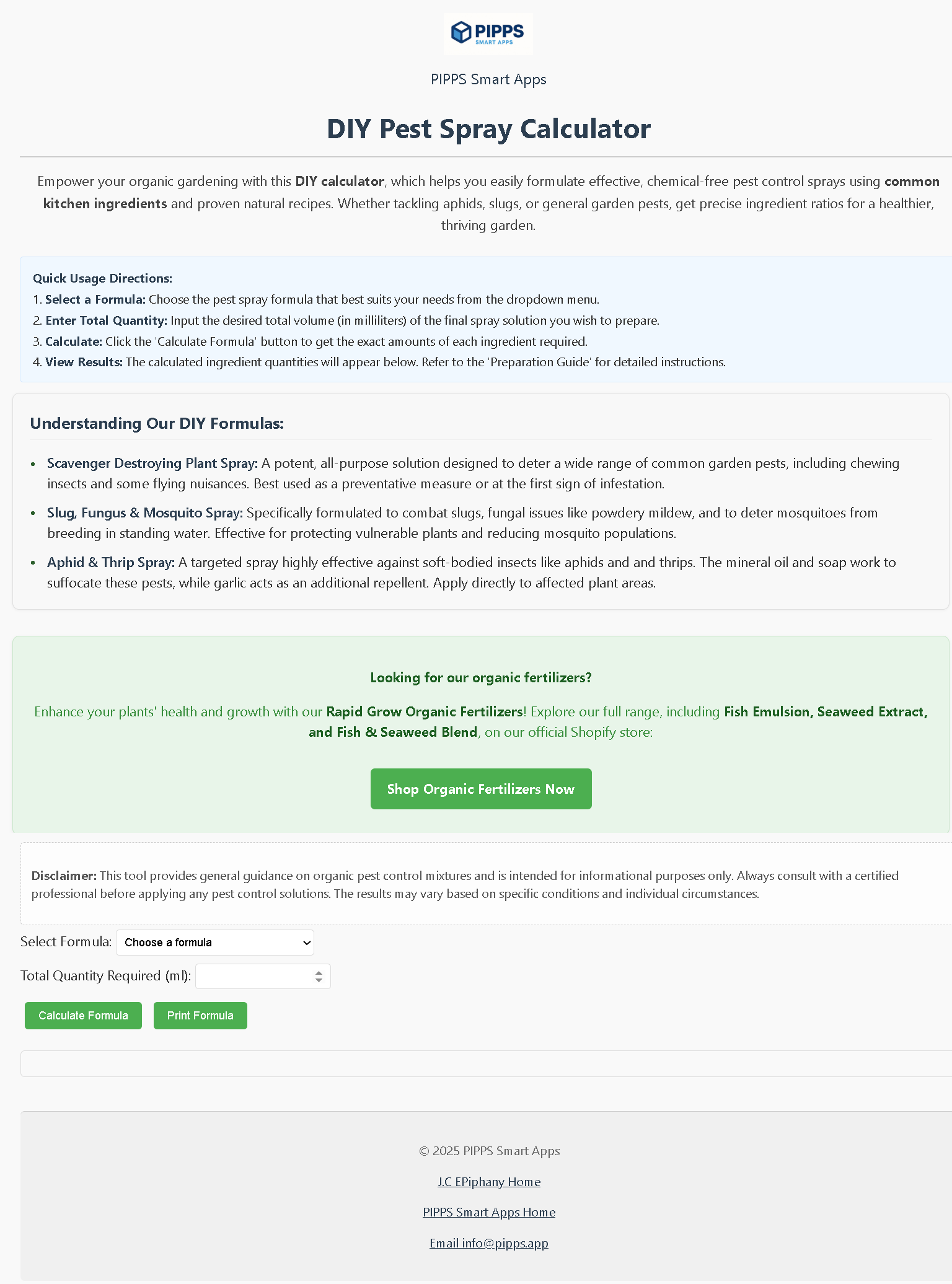 Screenshot of the eco-friendly DIY pest spray calculator